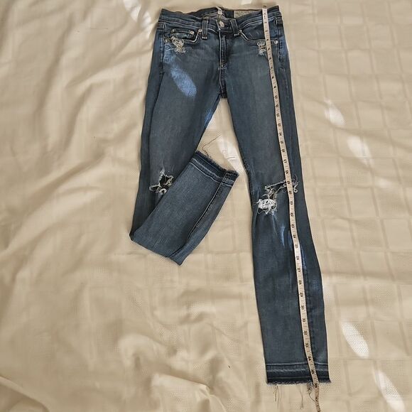 Women's Blue Distressed Jeans With Raw Hem - Picture 8 of 16